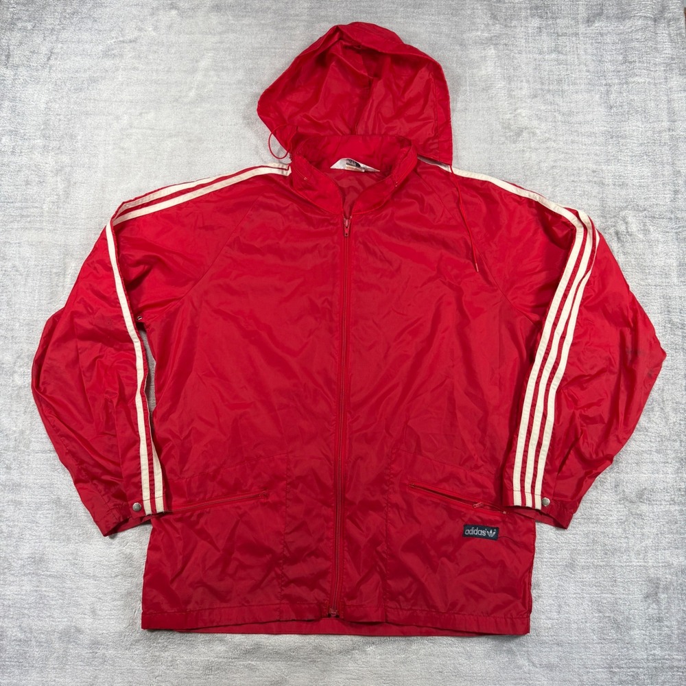 Adidas Jacket Mens Large Red 3 Stripes Vintage 80s Hooded Trefoil Windbreaker